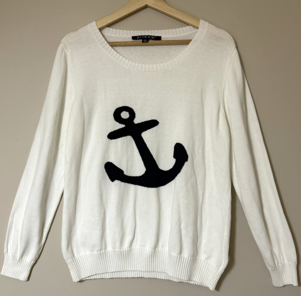 VTG 90s Nautical Womens SIZE XL Anchor Sweater 100% Cotton White Navy Old Money